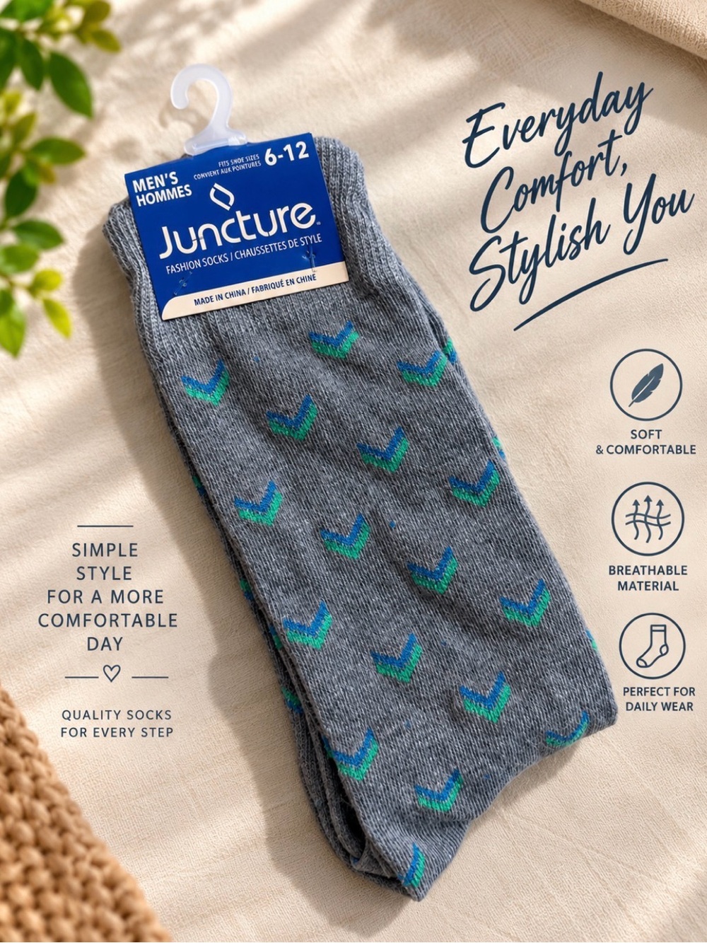 Juncture Men's Grey Casual Socks with Blue & Green Chevron Accents